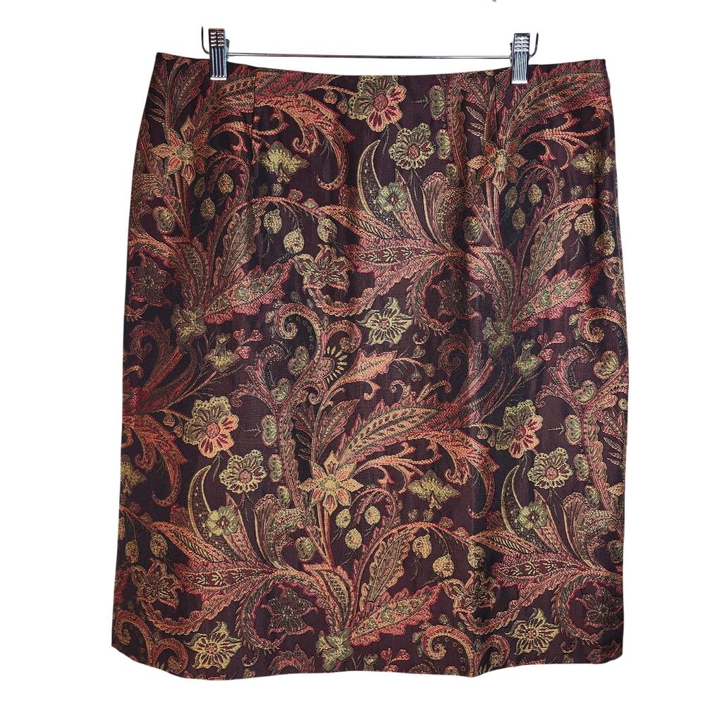Due Per Due Vintage Dark Brown and Rust-Orange Jacquard Midi Skirt Size 16